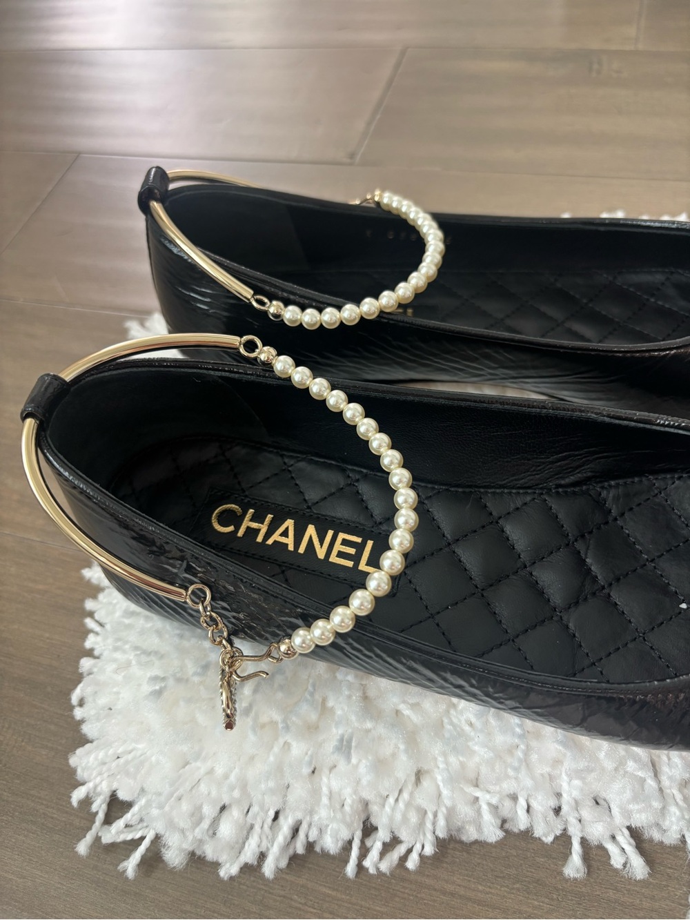 EUC CHANEL Black Quilted Leather Pearl-Ankle Flats with Gold and Pearl Hoop - Picture 2 of 5